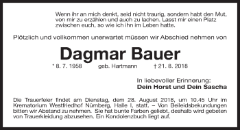 Traueranzeige von Dagmar Bauer von Gesamtausgabe Nürnberger Nachrichten/ Nürnberger Ztg.