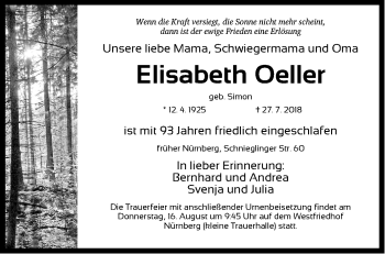 Traueranzeige von Elisabeth Oeller von Gesamtausgabe Nürnberger Nachrichten/ Nürnberger Ztg.
