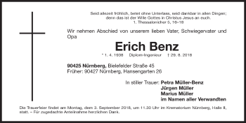 Traueranzeige von Erich Benz von Gesamtausgabe Nürnberger Nachrichten/ Nürnberger Ztg.