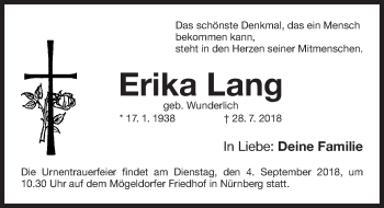Traueranzeige von Erika Lang von Gesamtausgabe Nürnberger Nachrichten/ Nürnberger Ztg.