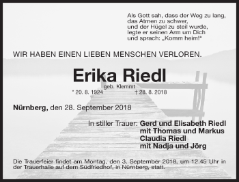 Traueranzeige von Erika Riedl von Gesamtausgabe Nürnberger Nachrichten/ Nürnberger Ztg.
