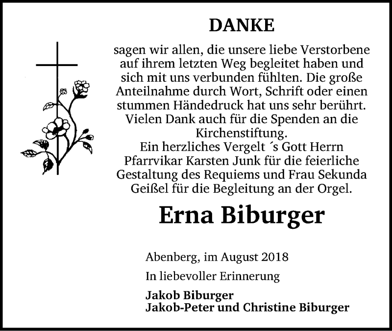  Traueranzeige für Erna Biburger vom 01.09.2018 aus Schwabach