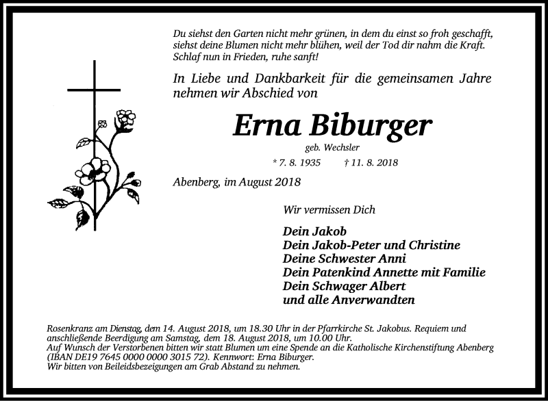  Traueranzeige für Erna Biburger vom 14.08.2018 aus Schwabach