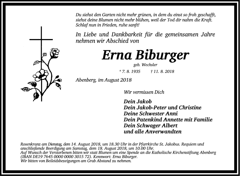  Traueranzeige für Erna Biburger vom 14.08.2018 aus Roth-Hilpoltsteiner Volkszeitung Lokal