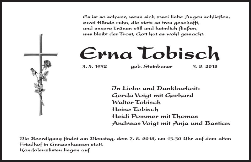  Traueranzeige für Erna Tobisch vom 06.08.2018 aus Altmühl-Bote Lokal