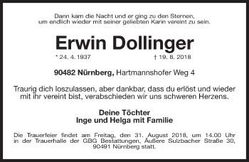 Traueranzeige von Erwin Dollinger von Gesamtausgabe Nürnberger Nachrichten/ Nürnberger Ztg.