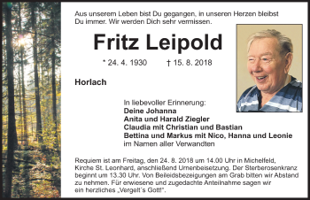 Traueranzeige von Fritz Leipold von Nordbayerische Nachrichten Pegnitz Lokal