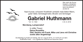 Traueranzeige von Gabriel Huthmann von Gesamtausgabe Nürnberger Nachrichten/ Nürnberger Ztg.