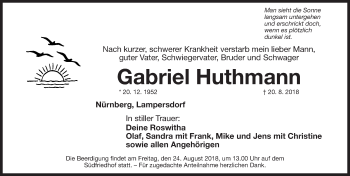 Traueranzeige von Gabriel Huthmann von Gesamtausgabe Nürnberger Nachrichten/ Nürnberger Ztg.