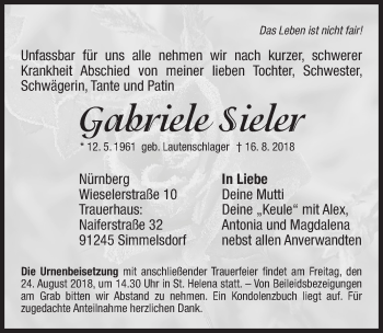 Traueranzeige von Gabriele Sieler von Gesamtausgabe Nürnberger Nachrichten/ Nürnberger Ztg.
