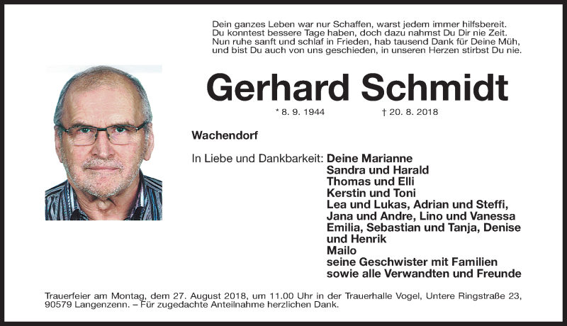  Traueranzeige für Gerhard Schmidt vom 23.08.2018 aus Fürther Nachrichten Lokal