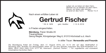 Traueranzeige von Gertrud Fischer von Gesamtausgabe Nürnberger Nachrichten/ Nürnberger Ztg.