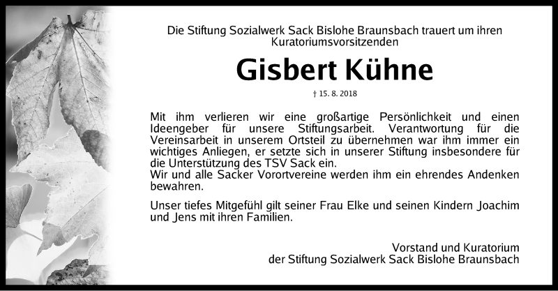  Traueranzeige für Gisbert Kühne vom 18.08.2018 aus Fürther Nachrichten Lokal
