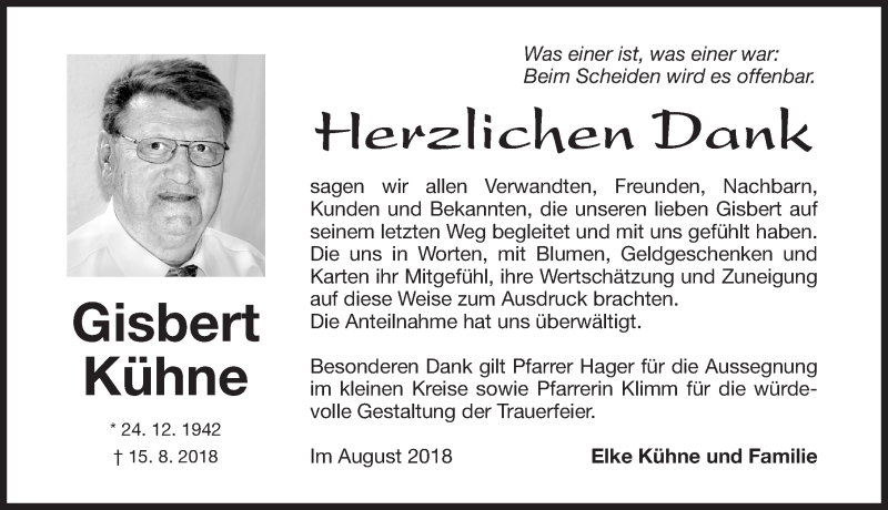  Traueranzeige für Gisbert Kühne vom 01.09.2018 aus Gesamtausgabe Nürnberger Nachrichten/ Nürnberger Ztg.