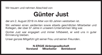 Traueranzeige von Günter Just von Gesamtausgabe Nürnberger Nachrichten/ Nürnberger Ztg.