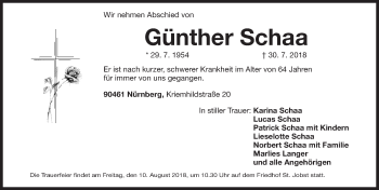 Traueranzeige von Günther Schaa von Gesamtausgabe Nürnberger Nachrichten/ Nürnberger Ztg.