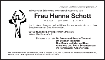 Traueranzeige von Hanna Schott von Gesamtausgabe Nürnberger Nachrichten/ Nürnberger Ztg.