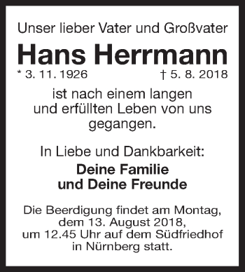 Traueranzeige von Hans Herrmann von Gesamtausgabe Nürnberger Nachrichten/ Nürnberger Ztg.