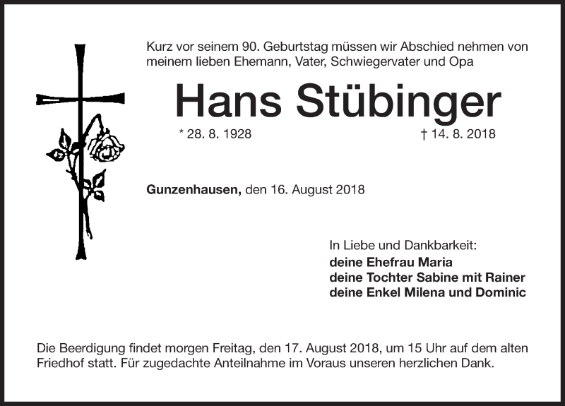  Traueranzeige für Hans Stübinger vom 16.08.2018 aus Altmühl-Bote Lokal