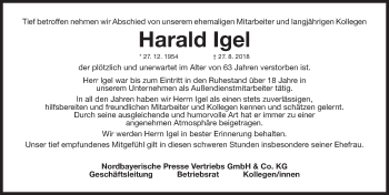 Traueranzeige von Harald Igel von Gesamtausgabe Nürnberger Nachrichten/ Nürnberger Ztg.