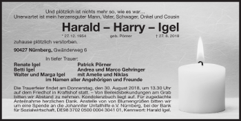 Traueranzeige von Harald Igel von Gesamtausgabe Nürnberger Nachrichten/ Nürnberger Ztg.