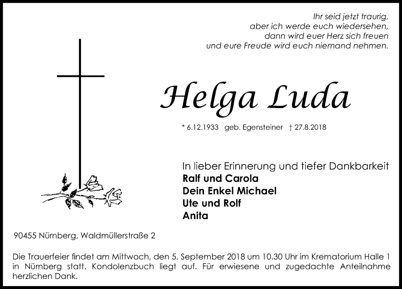  Traueranzeige für Helga Luda vom 01.09.2018 aus Gesamtausgabe Nürnberger Nachrichten/ Nürnberger Ztg.