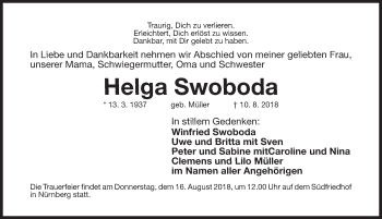 Traueranzeige von Helga Swoboda von Gesamtausgabe Nürnberger Nachrichten/ Nürnberger Ztg.