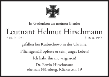 Traueranzeige von Helmut Hirschmann von Gesamtausgabe Nürnberger Nachrichten/ Nürnberger Ztg.