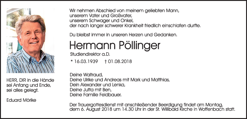  Traueranzeige für Hermann Pöllinger vom 04.08.2018 aus Neumarkter Nachrichten Lokal