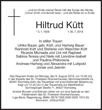 Traueranzeige von Hiltrud Kütt von Gesamtausgabe Nürnberger Nachrichten/ Nürnberger Ztg.