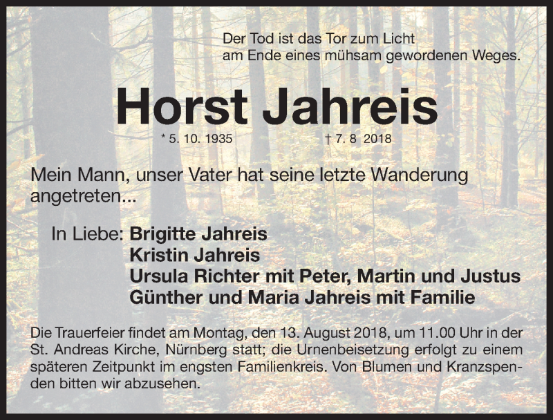  Traueranzeige für Horst Jahreis vom 11.08.2018 aus Gesamtausgabe Nürnberger Nachrichten/ Nürnberger Ztg.