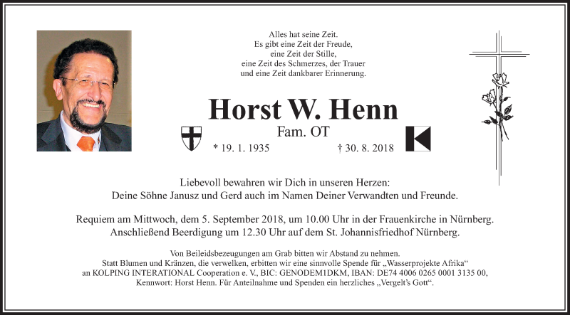  Traueranzeige für Horst W. Henn vom 01.09.2018 aus Gesamtausgabe Nürnberger Nachrichten/ Nürnberger Ztg.