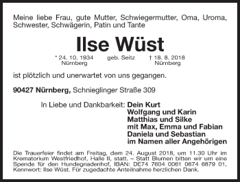 Traueranzeige von Ilse Wüst von Gesamtausgabe Nürnberger Nachrichten/ Nürnberger Ztg.
