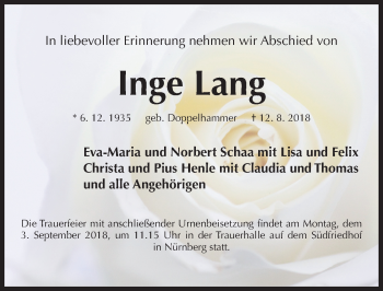 Traueranzeige von Inge Lang von Gesamtausgabe Nürnberger Nachrichten/ Nürnberger Ztg.
