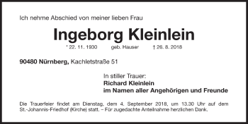 Traueranzeige von Ingeborg Kleinlein von Gesamtausgabe Nürnberger Nachrichten/ Nürnberger Ztg.