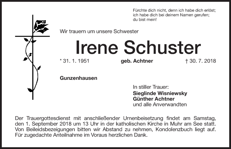  Traueranzeige für Irene Schuster vom 29.08.2018 aus Altmühl-Bote Lokal