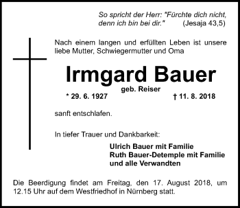 Traueranzeige von Irmgard Bauer von Gesamtausgabe Nürnberger Nachrichten/ Nürnberger Ztg.
