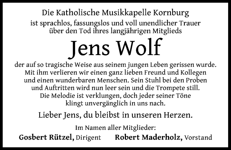  Traueranzeige für Jens Wolf vom 03.08.2018 aus Schwabach