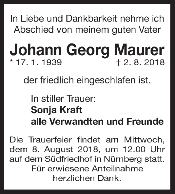 Traueranzeige von Johann Georg Maurer von Gesamtausgabe Nürnberger Nachrichten/ Nürnberger Ztg.