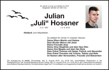 Traueranzeige von Julian Hossner von Roth-Hilpoltsteiner Volkszeitung Lokal