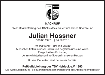 Traueranzeige von Julian Hossner von Roth-Hilpoltsteiner Volkszeitung Lokal