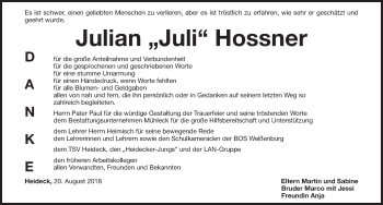 Traueranzeige von Julian Hossner von Roth-Hilpoltsteiner Volkszeitung Lokal