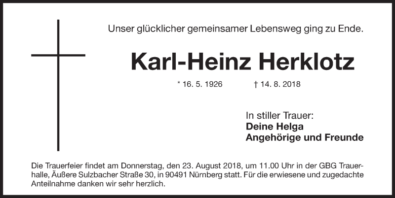 Traueranzeige für Karl-Heinz Herklotz vom 21.08.2018 aus Gesamtausgabe Nürnberger Nachrichten/ Nürnberger Ztg.