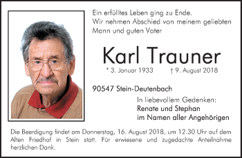 Traueranzeige von Karl Trauner von Gesamtausgabe Nürnberger Nachrichten/ Nürnberger Ztg.