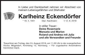 Traueranzeige von Karlheinz Eckendörfer von Gesamtausgabe Nürnberger Nachrichten/ Nürnberger Ztg.