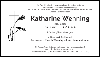 Traueranzeige von Katharine Wenning von Gesamtausgabe Nürnberger Nachrichten/ Nürnberger Ztg.