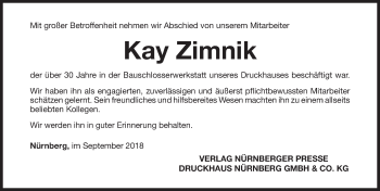 Traueranzeige von Kay Zimnik von Gesamtausgabe Nürnberger Nachrichten/ Nürnberger Ztg.