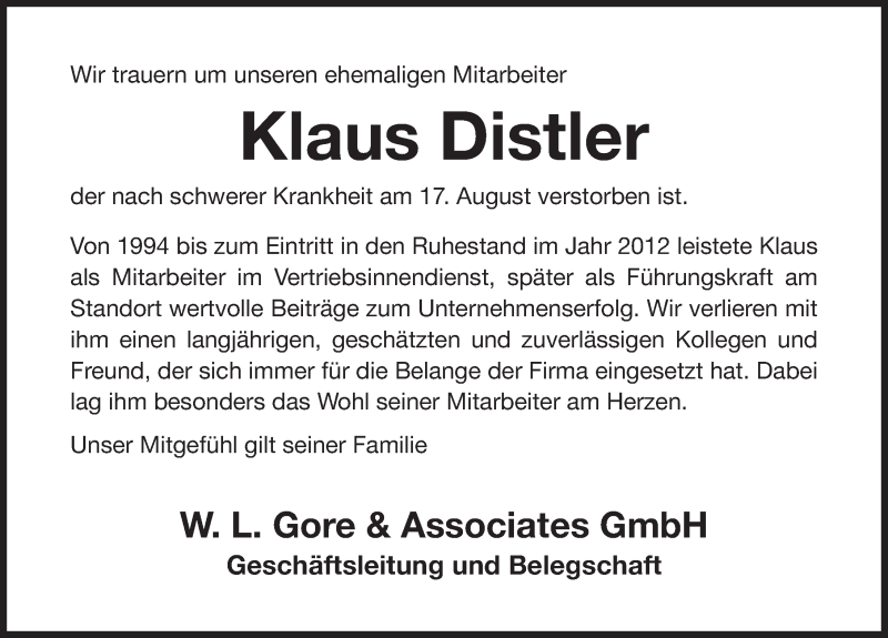  Traueranzeige für Klaus Distler vom 25.08.2018 aus G,HAB,HRHV