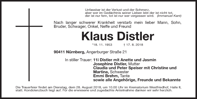  Traueranzeige für Klaus Distler vom 25.08.2018 aus Gesamtausgabe Nürnberger Nachrichten/ Nürnberger Ztg.