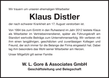 Traueranzeige von Klaus Distler von G,HAB,HRHV